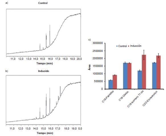 Cromatogramas obtenidos por GC-MS (a y b) y &aacute;rea de los picos separados (c), correspondientes a los &aacute;cidos grasos, al analizar las muestras del inoculante sin inducir (control) y el inoculante inducido con geniste&iacute;na (inducido)