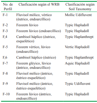 Clasificaci&oacute;n de los suelos estudiados por los sistemas del World Reference Base (WRB) y Soil Taxonomy