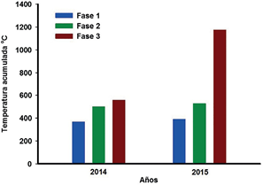 Temperatura acumulada por fase del cultivo durante los años evaluados