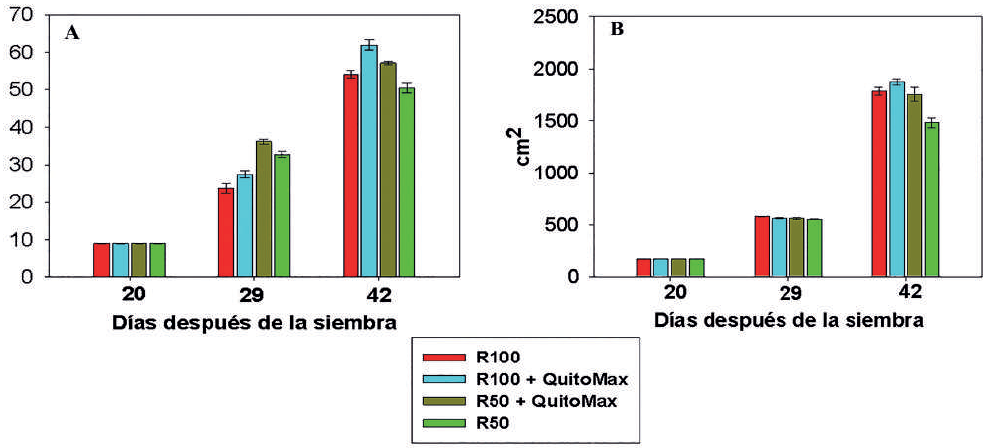 N&uacute;mero de foliolos (A) y superficie foliar (B) de plantas de frijol tratadas con QuitoMax&reg; y sometidas a dos niveles de abastecimiento h&iacute;drico