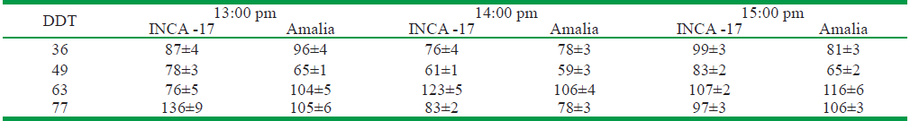 Valores medios de conductancia estom&aacute;tica de las variedades INCA-17 y Amalia a las 13, 14 y 15 horas del d&iacute;a y a los 36, 49, 63 y 77 DDT