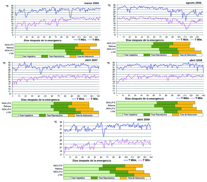 Temperaturas máximas y mínimas del aire, diurnas, en cada fase fenológica del desarrollo de cultivares de arroz (Oryza sativa L.), en fechas de siembra de la época “lluviosa”