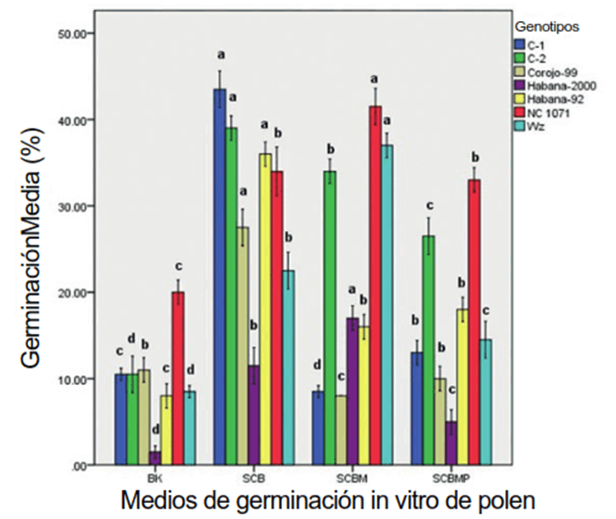 Porcentaje de germinaci&oacute;n media de los genotipos (n=7) de tabaco (Nicotiana tabacum L.) luego de 20 horas de incubaci&oacute;n en cuatro medios de cultivo