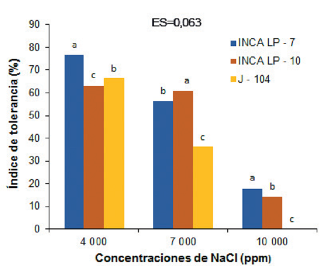 Comportamiento del &iacute;ndice de tolerancia a la salinidad en la altura de las pl&aacute;ntulas en tres cultivares de arroz