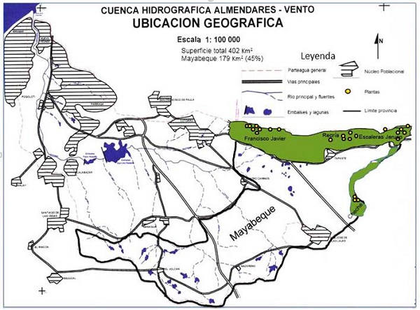 Mapa de la Cuenca Hidrogr&aacute;fica Almendares-Vento. Ubicaci&oacute;n de las plantas en Lomas Francisco Javier, La Recr&iacute;a y Escaleras de Jaruco en la cordillera Habana-Matanzas, perteneciente a la provincia Mayabeque
