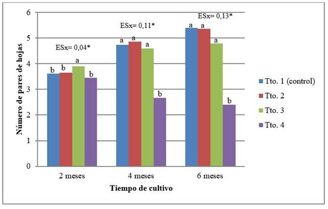 N&uacute;mero de pares de hojas, de las plantas de cafeto (C. arabica) subcultivadas en medio de cultivo de conservaci&oacute;n, con diferentes concentraciones de los macro y microelementos de MS