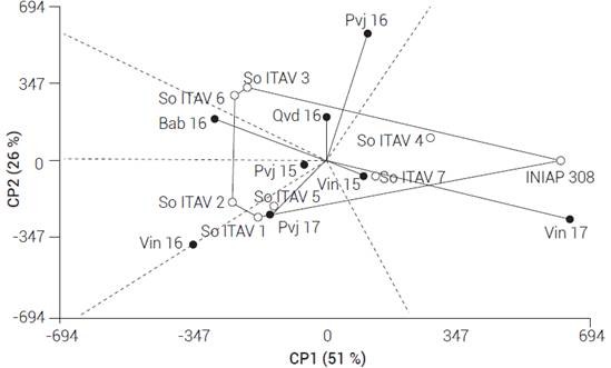 Representaci&oacute;n de genotipos y ambientes con respecto a los dos primeros ejes de componentes principales del modelo AMMI para el rendimiento de grano en ocho ambientes de la costa ecuatoriana, entre los a&ntilde;os 2015 a 2017