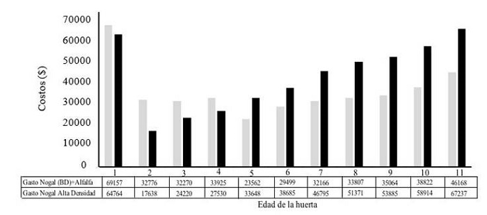 Costos de establecimiento y manejo de huertas de alta y baja densidad por hectárea en cada uno de los 11 años de estudio