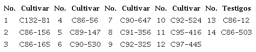 Cultivares de ca&ntilde;a de az&uacute;car empleados en el estudio