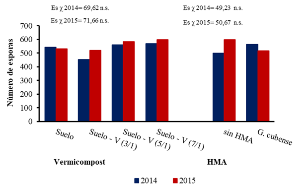 Efecto del vermicompost y de la inoculaci&oacute;n con HMA sobre el n&uacute;mero de esporas en 50 g de suelo. Suelo Gley Nodular Ferruginoso agrog&eacute;nico y millo perla como cultivo indicador