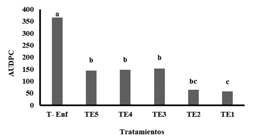 &Aacute;rea bajo la curva del progreso de la enfermedad (AUDPC) de la roya amarilla (Hemileia vastatrix Berk. & Br) de posturas de caf&eacute; tratadas con cepas de Trichoderma sp. bajo condiciones de vivero en San Juan del Oro