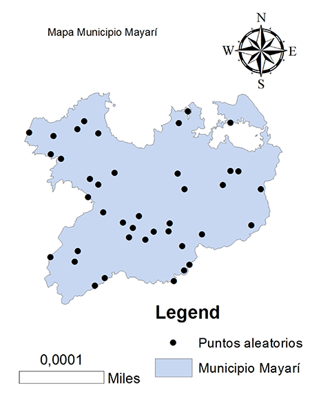 Municipio Mayar� con la representaci�n de los puntos aleatorios tomados para la extracci�n de los valores en cada p�xel de la imagen del WorldClim 2