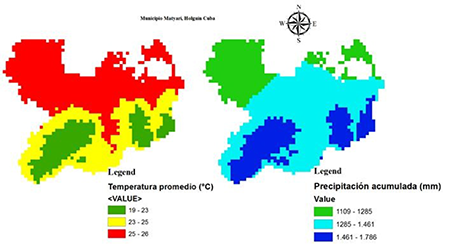 Distribuci�n espacio temporal de la temperatura promedio y las precipitaciones acumuladas en el municipio Mayar� obtenidas del procesamiento de las im�genes en el WorldClim 2