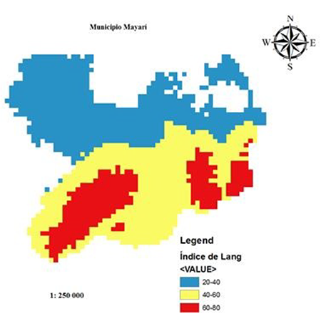 �ndice de Lang para el municipio Mayar� determinado a partir de mapas de precipitaci�n y temperatura promedio del WorldClim 2