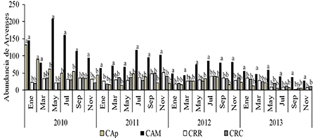 Abundancia de especies de arvenses por tratamientos durante cuatro años