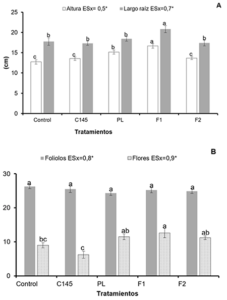 Efecto de inoculantes y formulados a base de cepas de Rhizobium y Pectimorf� en la altura, largo de ra�z (A) y en el n�mero de foliolos y de flores (B) de plantas de man�
