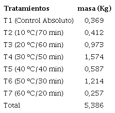 Masa (kg) por tratamiento de plantas de ajo (Allium sativum L.) clon &lsquo;Vietnamita&rsquo; tratados o no los bulbos de plantaci�n con diferentes temperaturas (n=146)