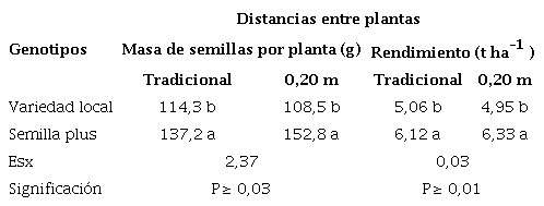 Respuesta de las variables masa de semillas por planta y rendimiento ante el efecto combinado de genotipos y distancias entre plantas de ma�z