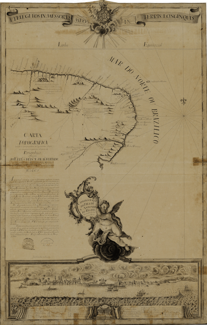 CARTA Topographica
aonde se compreendem as Capitanias de que se compoem
ao prezente o Governo de Pernambuco; oferecida ao Ill.mo e Ex.mo S.r Fran.co
X. de M.ça Furtado, do Conselho de S. Mag.e Fidelissima,
Ministro, e Secretario de Estado da Marinha e
Conquistas, 1766, por José Gonsalves da Fonseca.