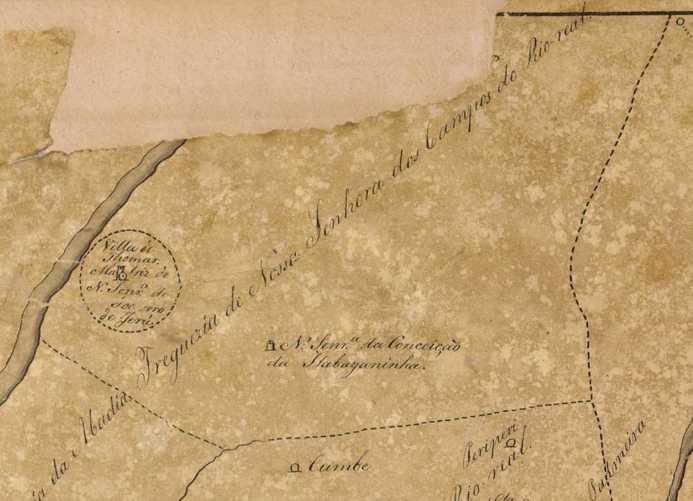  Exemplo de “topofagia”. O termo da vila de Tomar
“encravado” na freguesia de Nossa Senhora dos Campos do Rio Real. Imagem
retirada da “Carta topographica da provincia de Sergipe, 1831.