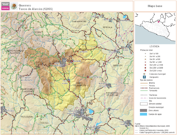 L&iacute;mites del municipio y de la ciudad de Taxco de Alarc&oacute;n, Guerrero