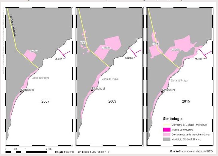Crecimiento de la zona tur&iacute;stica y
urbanizada en Majahual, 2007, 2009 y 2015