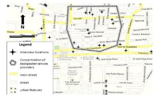 Location of the facilities where
interviews took place in San Crist&oacute;bal&rsquo;s backpacker
area