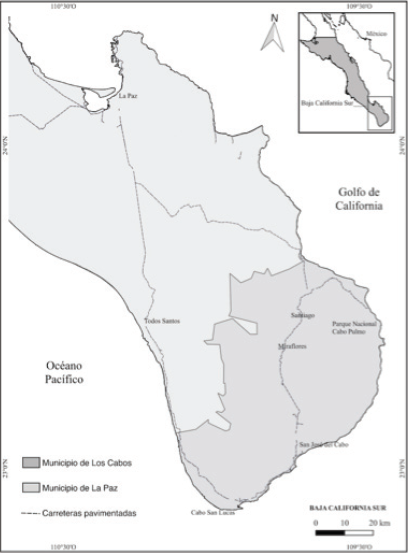�rea de estudio mostrando la zona del destino tur�stico Los Cabos que comprende Cabo San Lucas, San Jos� del Cabo y el corredor entre ambos sitios. As� mismo se muestra la ubicaci�n del Parque Nacional Cabo Pulmo (PNCP) y los pueblos cercanos.