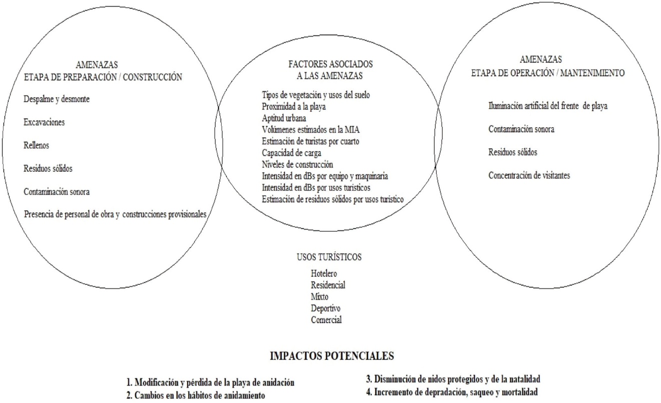 El modelo muestra de la interacci&oacute;n entre el turismo residencial propuesto y las amenazas e impactos que podr&iacute;an ocasionar en la anidaci&oacute;n de las tortugas marinas