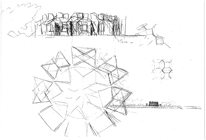 Primeira Igreja Unit&aacute;ria e Escola. Croquis. Planta e eleva&ccedil;&atilde;o (junho-julho, 1959).