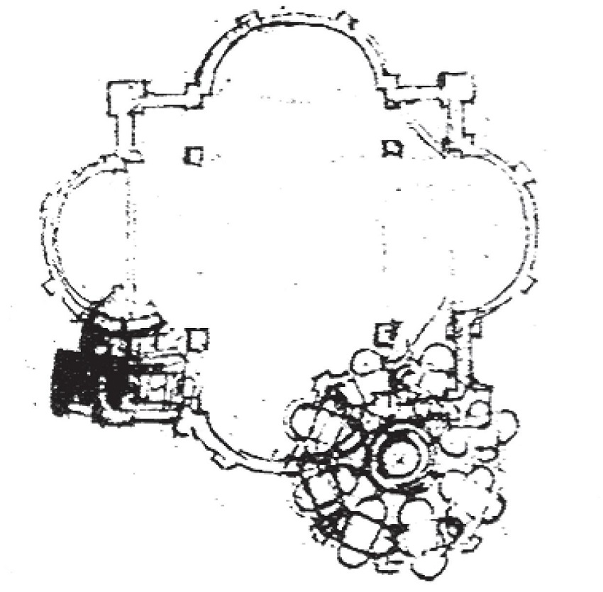 Igreja de Leonardo da Vinci. Croqui. Planta (1487-1490).