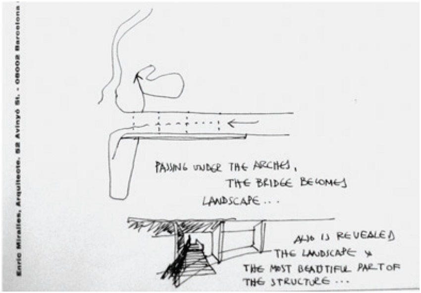 Pabell&oacute;n de meditaci&oacute;n en Unazuki (Miralles, 1991). Fragmento de manuscrito. Estilogr&aacute;fica de tinta negra sobre papel impreso. 21&times;14cm. Fax dirigido a Suichi Fujie, p. 5 (Archivo EMBT y Fundaci&oacute;n Enric Miralles). &ldquo;Passing under the arches, the bridge becomes landscape: the most beautiful part of the structure&hellip;&rdquo;.