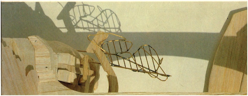 Pabell&oacute;n de meditaci&oacute;n en Unazuki (Miralles, 1991). Fotograf&iacute;a intencionada de Miralles: maqueta de la secci&oacute;n del valle en un fragmento. Escala 1/500, 82&times;26&times;-37cm. (Archivo EMBT y Fundaci&oacute;n Enric Miralles).