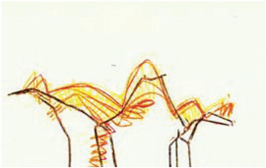 Pabell&oacute;n de meditaci&oacute;n en Unazuki (Miralles, 1992). Una de las propuestas de los &ldquo;vestidos de bamb&uacute;&rdquo;. Frotage con l&aacute;pices de colores en papel moldeado sobre el cut out con la forma de la estructura.