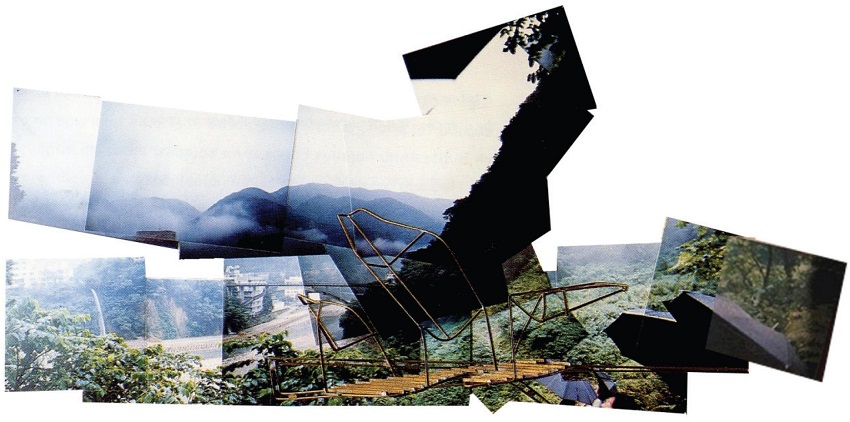 Pabell&oacute;n de meditaci&oacute;n en Unazuki (Miralles, 1991). Fotomontaje del lugar con los elementos que hac&iacute;a alusi&oacute;n en su croquis: el salto de agua, el r&iacute;o, el puente, la poblaci&oacute;n de Unazuki, los perfiles de las monta&ntilde;as. Collage t&eacute;cnica mixta, 82&times;26&times;37cm (Archivo EMBT y Fundaci&oacute; Enric Miralles).