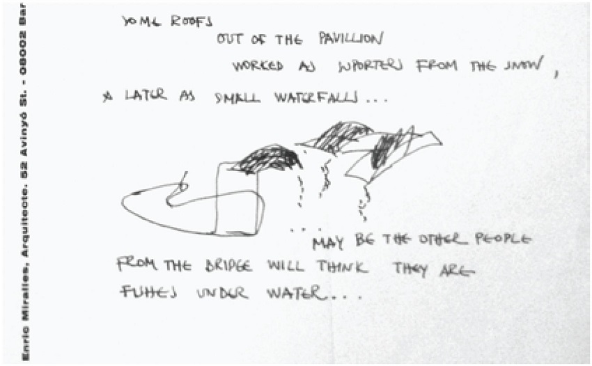 Pabell&oacute;n de meditaci&oacute;n en Unazuki (Miralles, 1991). Fragmento de manuscrito. Estilogr&aacute;fica de tinta negra sobre papel impreso. 21&times;14cm. Fax dirigido a Suichi Fujie, p. 6 (Archivo EMBT y Fundaci&oacute; Enric Miralles). &ldquo;Some roofs out of the pavillion worked as suported from the Snow, later as small waterfalls&hellip; May be the other people from the bridge will think they are fishes under water&hellip;&rdquo;.