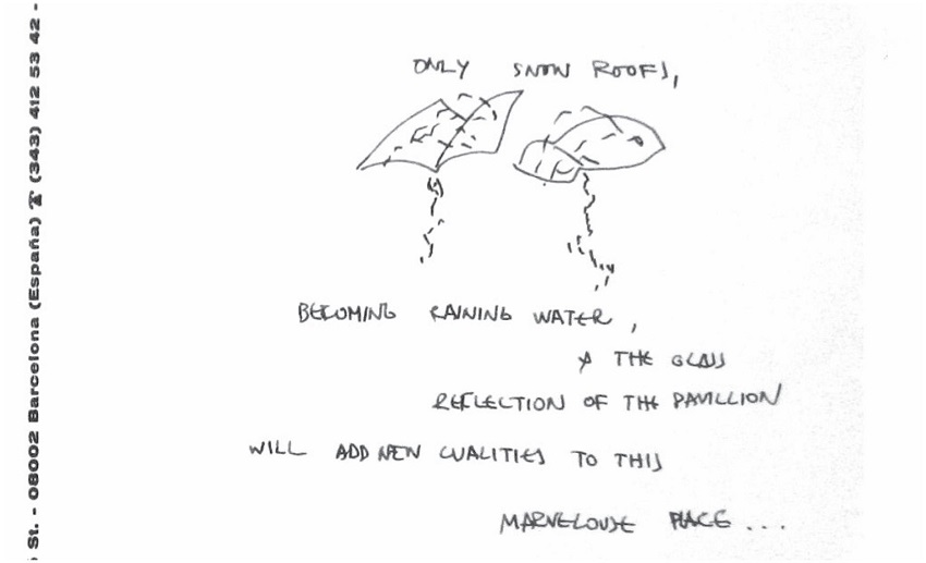 Pabell&oacute;n de meditaci&oacute;n en Unazuki (Miralles, 1991). Fragmento de manuscrito. Estilogr&aacute;fica de tinta negra sobre papel impreso. 21&times;14cm. Fax dirigido a Suichi Fujie, p. 8 (Archivo EMBT y Fundaci&oacute; Enric Miralles). &ldquo;Only snows roofs becoming raining water, the glass reflection of the pavillion will add new cualities to this marvelouse place&rdquo;.