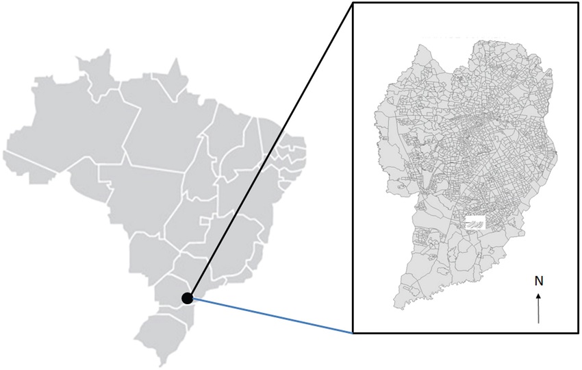 Localização geográfica da cidade de Curitiba. Em detalhe, o mapa do município.