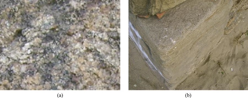 Granite rock (a) and ashlar of limestone (b).