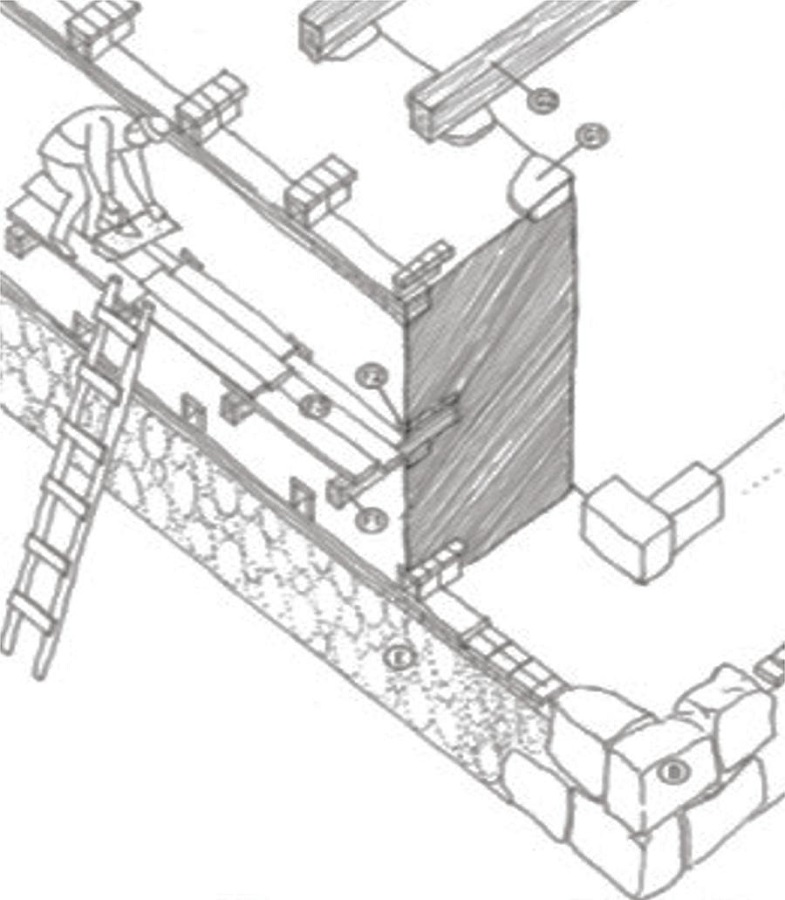 Scaffolding system used during the 17th century called &ldquo;mechinales&rdquo; (Gil, 2011).