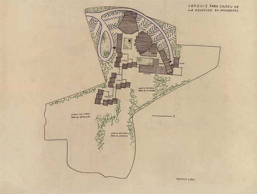 Croquis inicial de Fisac para el proyecto del colegio Cuestas Blancas. Figure 7. Fisac&rsquo;s first sketches of the Cuestas Blancas School project.