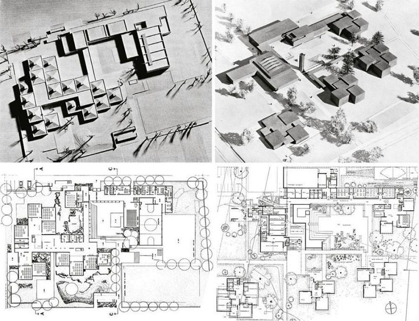 A la izquierda, maqueta y planta de la escuela en Locarno de Dolf Schnebli (1960-1964) y, a la derecha, maqueta y planta del proyecto de escuela en Rapperswil-Jona de Moser, Haefeli y Steiger (1960). Figure 20. On the left, model and ground floor plan of the school in Locarno by Dolf Schnebli (1960-1964) and, on the right, model and ground floor plan of the school project in Rapperswil-Jona by Moser, Haefeli and Steiger (1960).