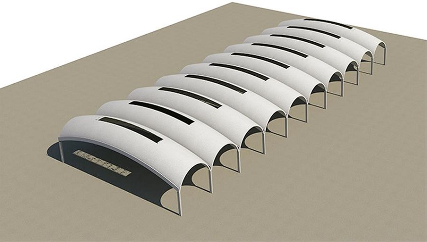 Imagen tridimensional del primer proyecto para bodegas Almagr&aacute;n, 1958. Figure 5. Three-dimensional image of the first design for the Almagran warehouse, 1958.