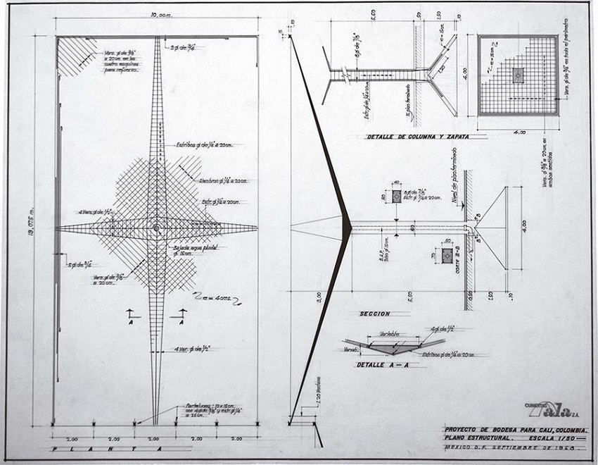 Detalle de las estructuras tipo paraguas para bodegas Almagr&aacute;n, 1958. Figure 7. Detail of umbrella structures for the Almagran warehouse.