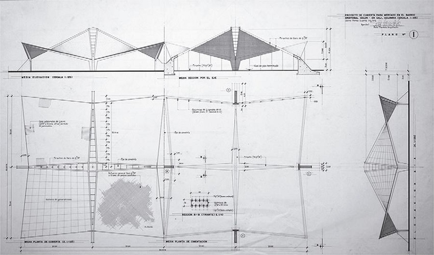 Detalle de las cubiertas para bodegas el mercado Crist&oacute;bal Col&oacute;n, 1960. Figure 12. Detail of roofs of the Cristobal Colon Market, 1960.