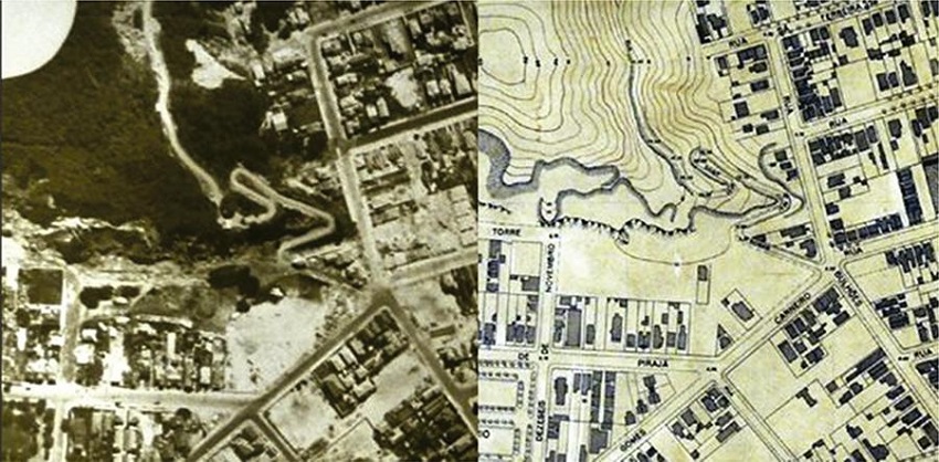 Imagem &agrave; esquerda, recorte do mosaico fotogr&aacute;fico em escala 1/2000 de 1928. Imagem &agrave; direita, planta cadastral de 1935, feita a partir do mosaico fotogr&aacute;fico de 1928. Figure 1. Left image, photographic mosaic in 1:2,000 scale, 1928. Right image, cadastral map of 1935, made on the basis of the 1928 photographic mosaic.