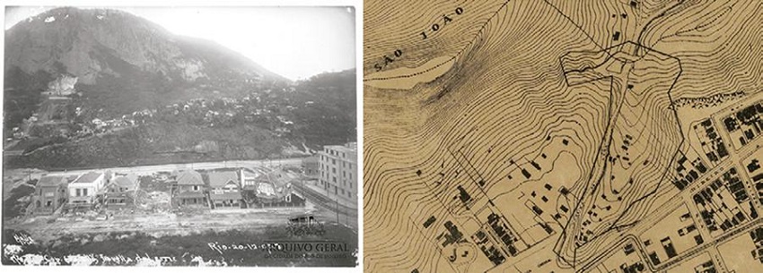 &Agrave; esquerda, foto de Augusto Malta denominada &ldquo;Favela do Leme&rdquo;, no Morro de S&atilde;o Jo&atilde;o, feita em 1928. &Agrave; direita, carta da &aacute;rea definida no artigo 1&ordm; do decreto n&ordm; 24.515 de 1934. Figure 3. On the left, Augusto Malta&rsquo;s photo called &ldquo;Favela do Leme&rdquo;, on Morro de S&atilde;o Jo&atilde;o, taken in 1928. On the right, map of the area defines by article 1 of Decree No. 24,515 of 1934.