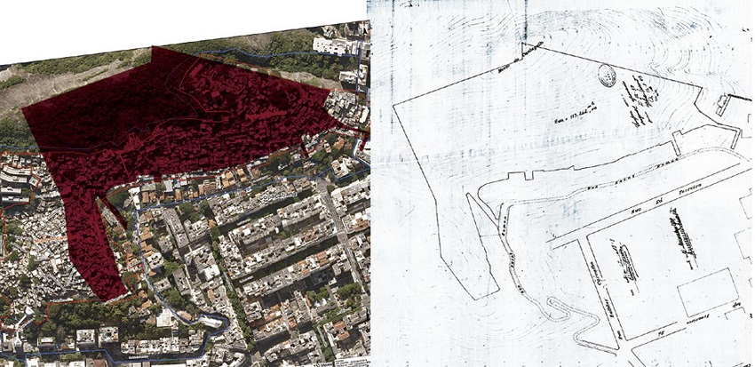 Decreto de desapropria&ccedil;&atilde;o n&uacute;mero 6.607 de 21 de dezembro de 1939. Ao lado esquerdo, o decreto sobreposto &agrave; &aacute;rea atua&ccedil;&atilde;o da UPP do complexo de favelas Cantagalo, Pav&atilde;o-Pav&atilde;ozinho. Ao lado direito, trecho do mapa sinalizando a &aacute;rea de desapropria&ccedil;&atilde;o. Figure 4. Expropriation decree No. 6,607 of December 21, 1939. On the left, the decree superposed on the area covered by the UPP of the Cantagalo, Pav&atilde;o-Pav&atilde;ozinho slum complex. On the right, map excerpt signaling expropriation area.
