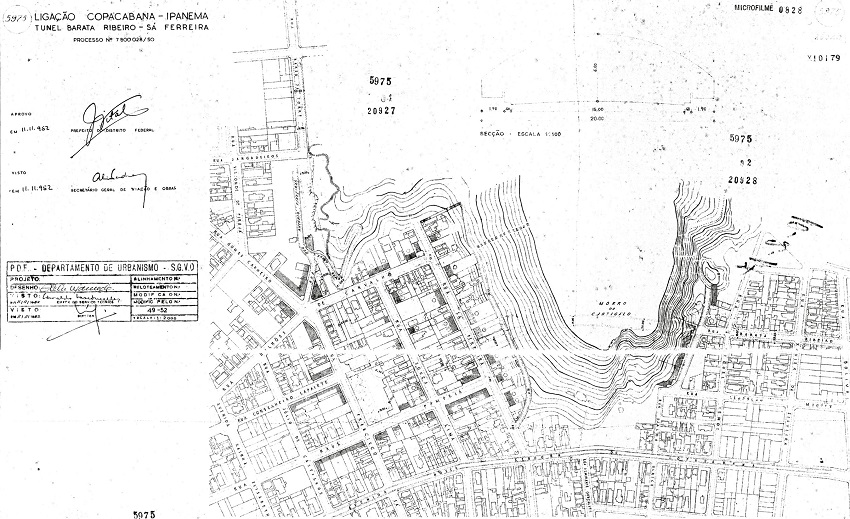 Projeto de 1952 do t&uacute;nel que liga a Rua Barata Ribeiro &agrave; Rua S&aacute; Ferreira, do Departamento de Urbanismo. Figure 6. 1952 Urban Department&rsquo;s tunnel project to connect Barata Ribeiro Street to S&aacute; Ferreira Street.