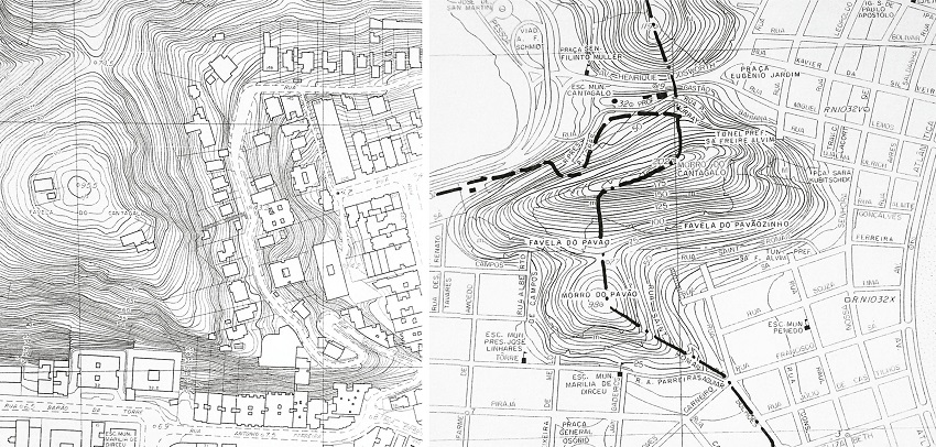 &Agrave; esquerda, cadastral de 1976 em escala 1:2.000, e &agrave; direita, recorte em escala 1:10.000. Figure 7. On the left, section of the 1976 register in 1:2,000 scale, and on the right, section in 1:10,000.